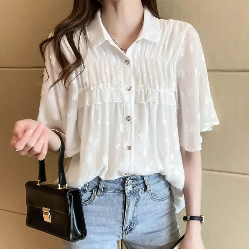 

Roupas Femininas Summer Short Sleeve Loose Chiffon Shirt Vetement Femme Korean Fashion White Blouses Blusas Mujer De Moda J388