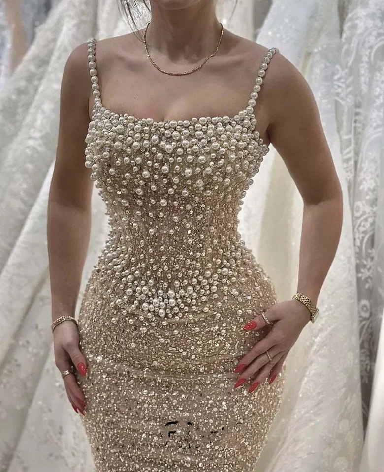 

Luxury Champagne Mermaid Prom Dresses 2024 Tea Length Spaghetti Straps Pearls Sequins Evening Formal Party Gowns فساتين السهرة