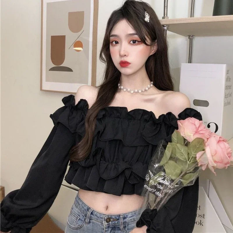 Блузки с разрезом на шее женские винтажные темпераментные летние тонкие оборки