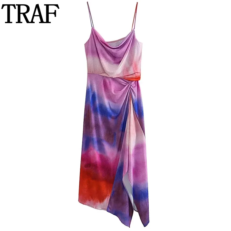 

TRAF 2023 Tie Dye Slip Dress Woman Print Long Dress Women Ruched Backless Midi Dresses Asymmetric Knot Casual Summer Dresses