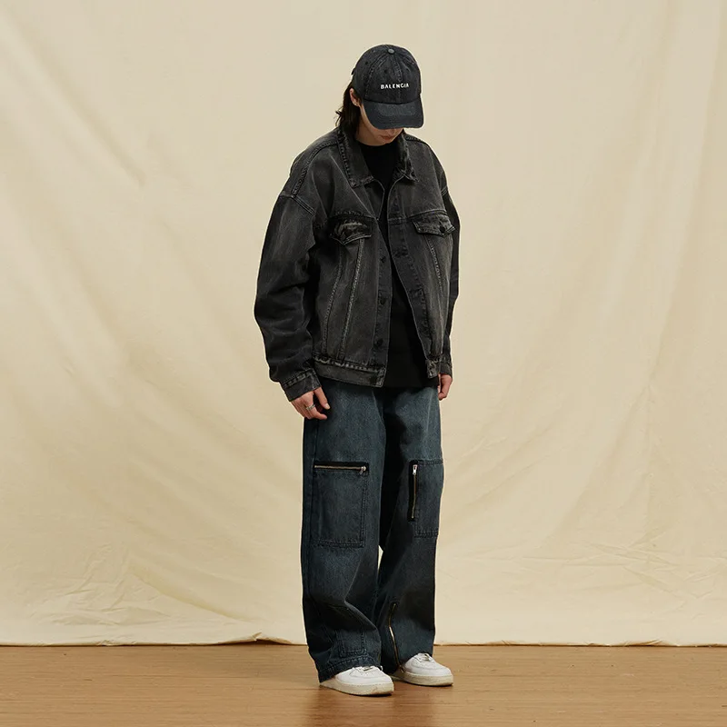 2023 Winter Autumn New Original Tide Brand Straight Pants Retro Washed Loose Cotton Basic Dark Jeans Street Men Fashion