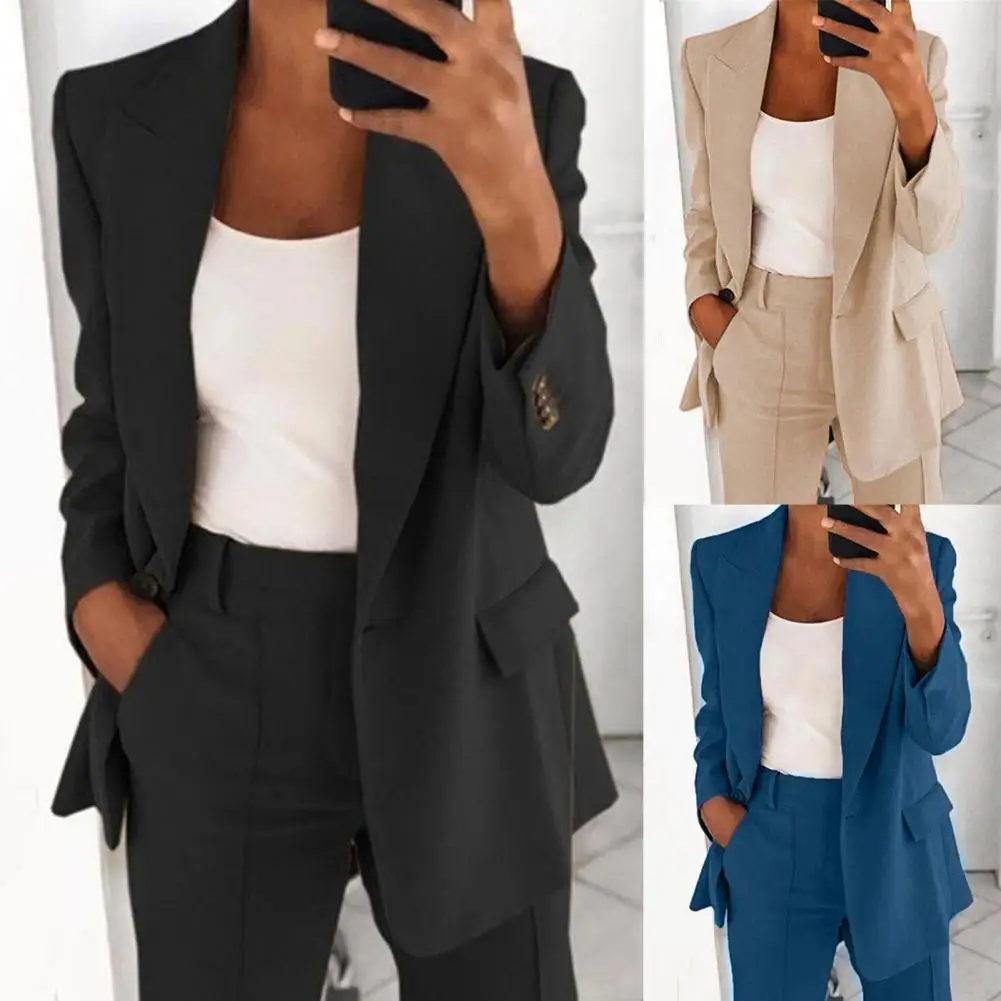 

Stylish Coat Solid Color Women Long Sleeve Buttons Blazer Lady Suit Jacket for Dating