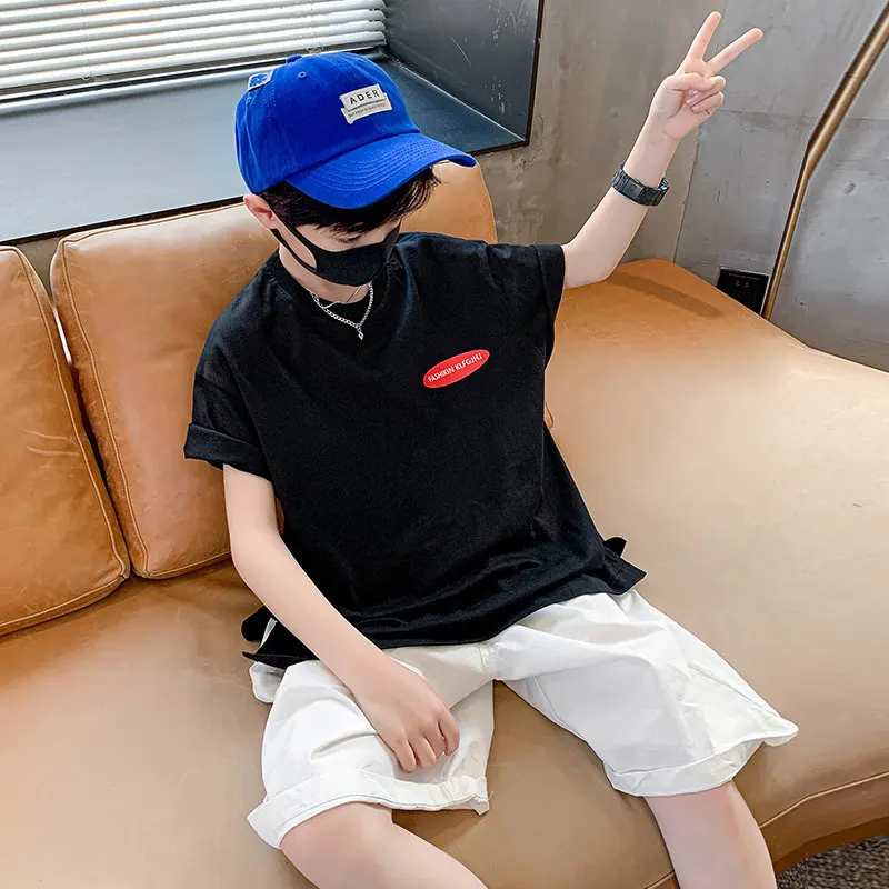 Loose Style Big Boys Clothing Set For Summer 2022 New Fashion Casual O-Neck Print Two Pieces Sport Suit Cotton Teenager Clothes