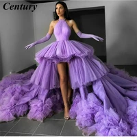 purple a line prom dresses chic illusion prom gown tiered ruffles party dress sexy halter tulle saudi arabic formal evening gown