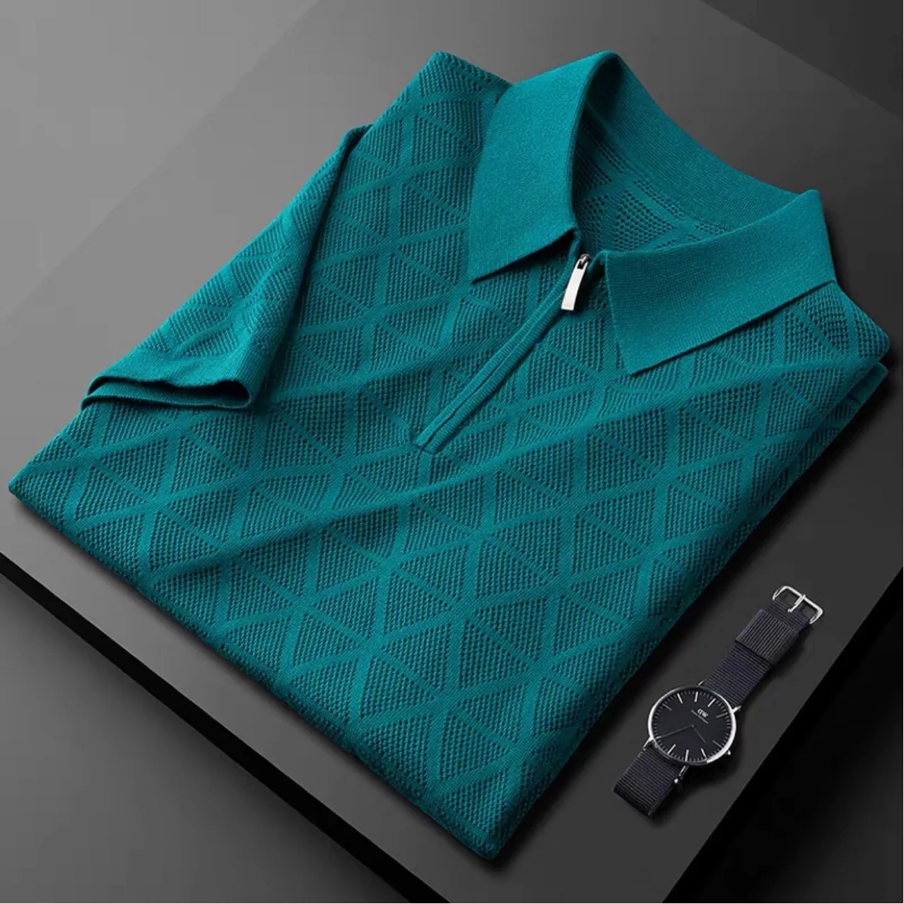 

Мужская Летняя трикотажная рубашка-поло с коротким рукавом, на молнии