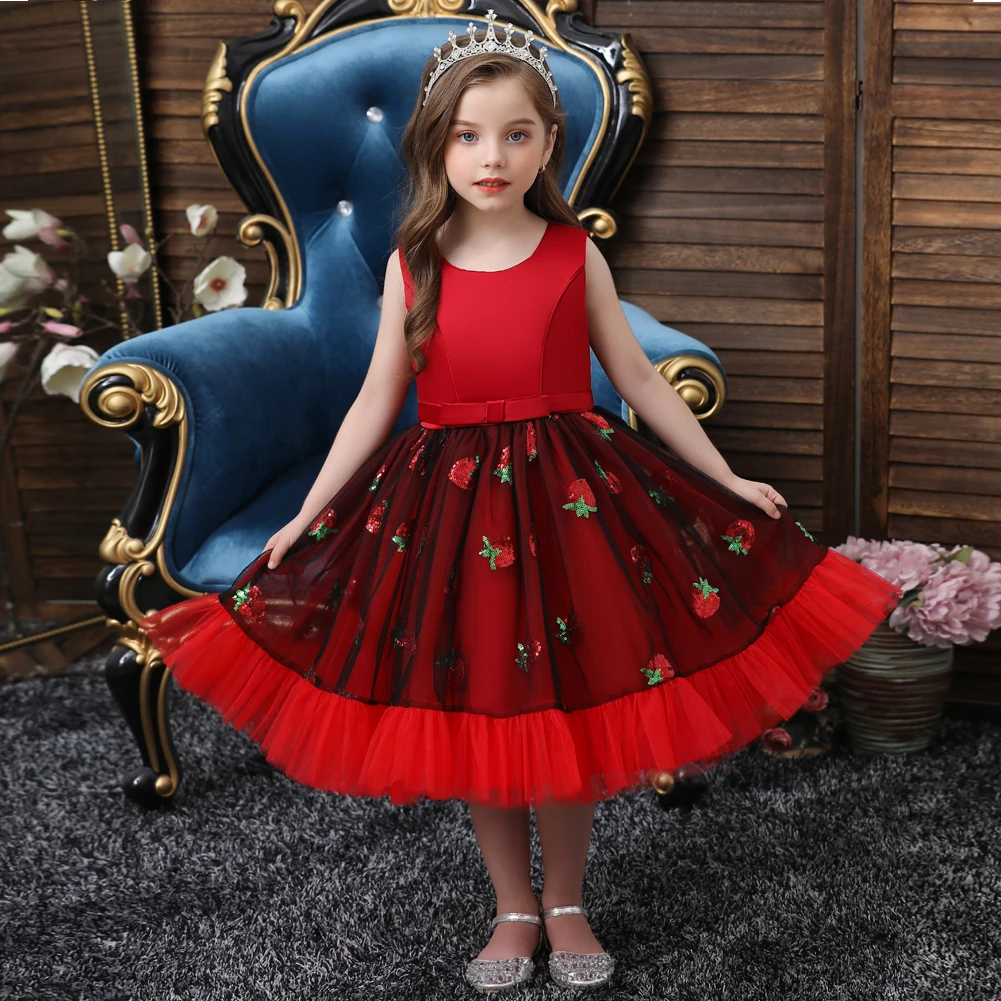 

European Sequin Princess Dress For Wedding Fashion Kid Red Prom Evening Dress Lovely 2-Year-Old Baby Girl Dress