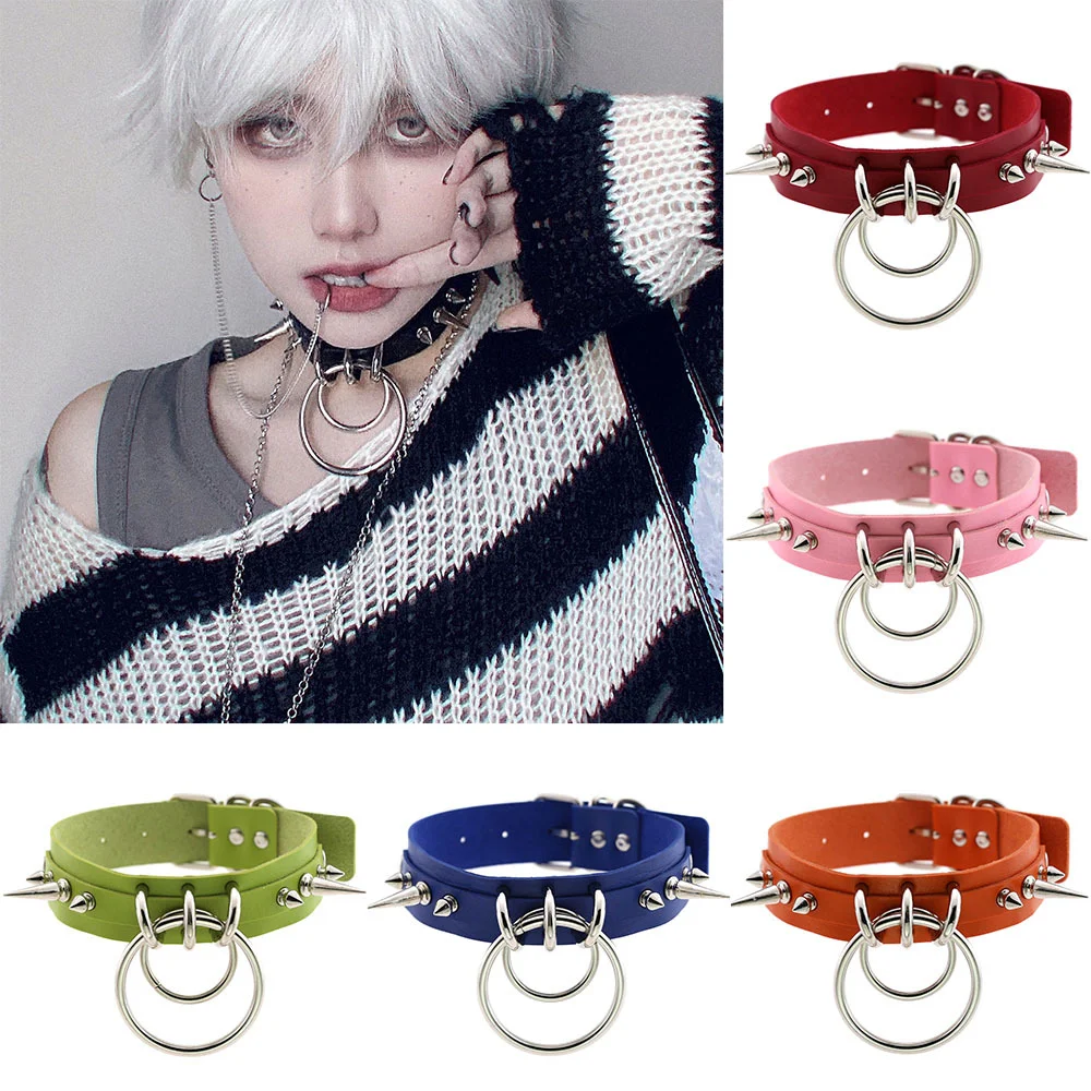 

Gothic Double Rings Spike Rivet Collar Necklaces for Women Slave Status Choker Pu Punk Men's Chocker Necklace Kpop Jewelry