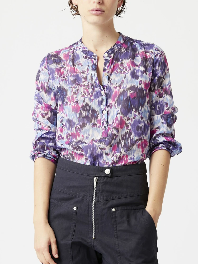 

Women Shirt 2022 Spring/Summer Purple Stand Collar Print Cotton French Print Shirt Ladies Casual Shirt