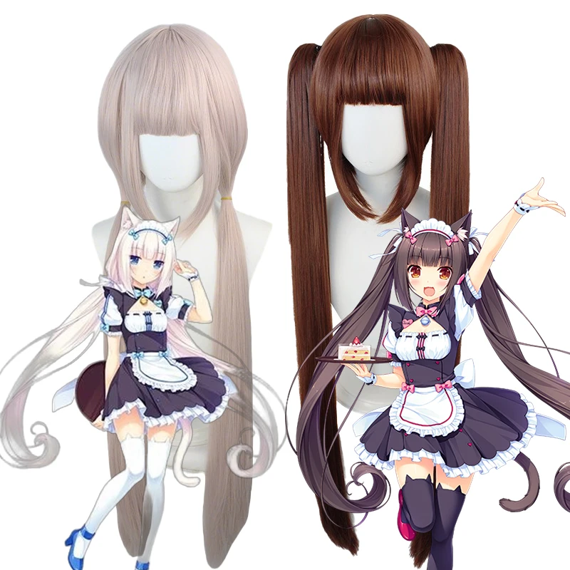 Фото Парик для косплея по аниме Nekopara: Чокола и Ваниль, длинный коричневый парик с двумя хвостиками, парик для косплея Ваниль (розовый), парик для Хэллоуина и костюмированных вечеринок №1