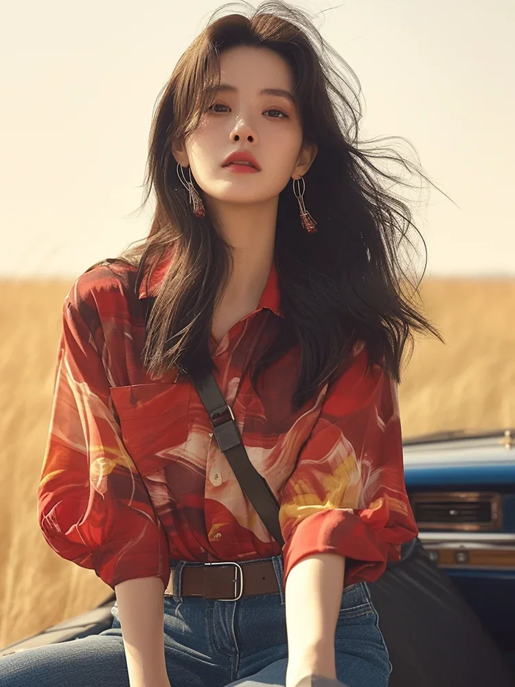 Шифоновая женская рубашка летняя винтажная Свободная блузка с принтом