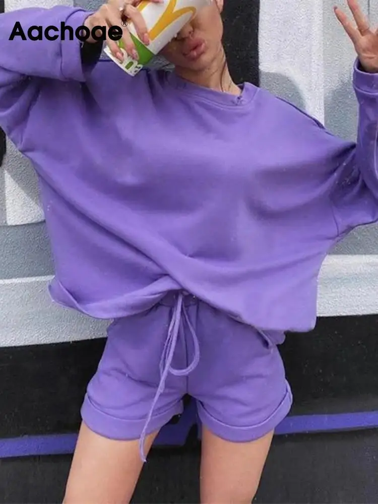 

Спортивный костюм Aachoae, однотонный, свободный, с длинным рукавом летучая мышь, Толстовка Оверсайз + плиссированные шорты на завязках, спортивные костюмы