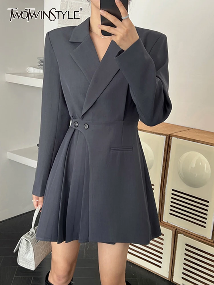 

TWOTWINSTYLE Slim Mini Dress Female Notched Collar Long Sleeve Patchwork Pleasted Asymmetrical Solid Dresses For Women Clothing