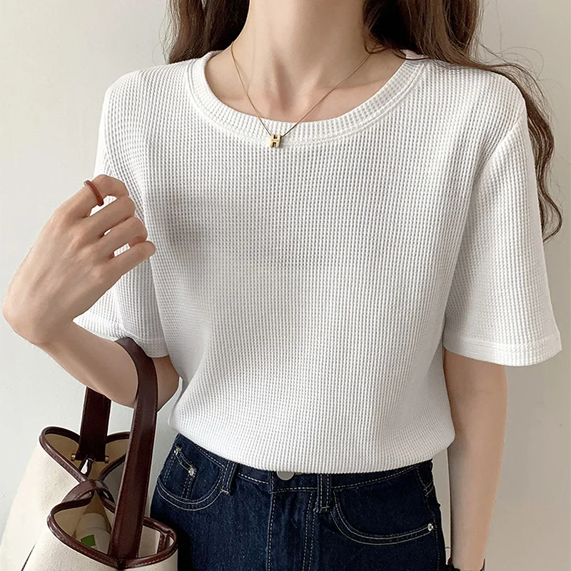 

GGRIGHT Tops For Women Summer 2022 Fashion Solid Casual T Shirt Poleras Mujer Camisetas Round Neck Short Sleeve Top Femme