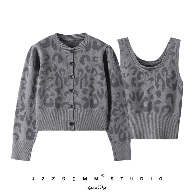 

Grey leopard print knitted camisole women's outer wear waist round neck cardigan fashion suit two-piece top Western style