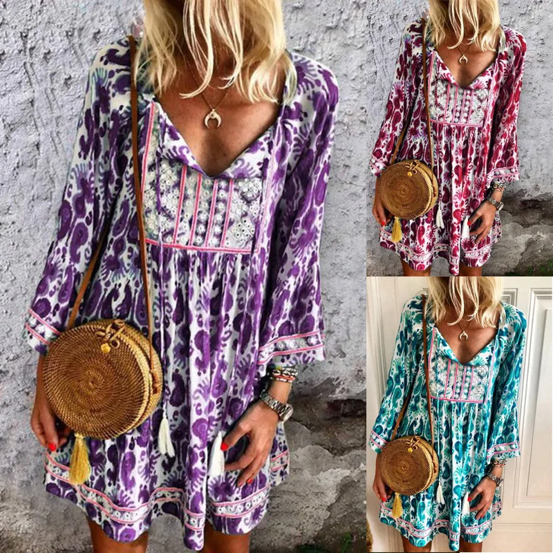 

Elegant Retro Floral Print Flare Sleeve Mini Dress Spring Loose Women Party Dress Casual V Neck Beach Pullover Dress 2022