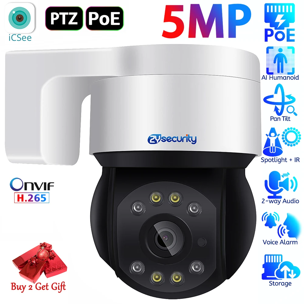 

5MP PoE Surveillance Cameras Outdoor Color Night Vision IP Camera Two-way Talk Speed Dome PTZ Camera AI Humanoid Security Camera