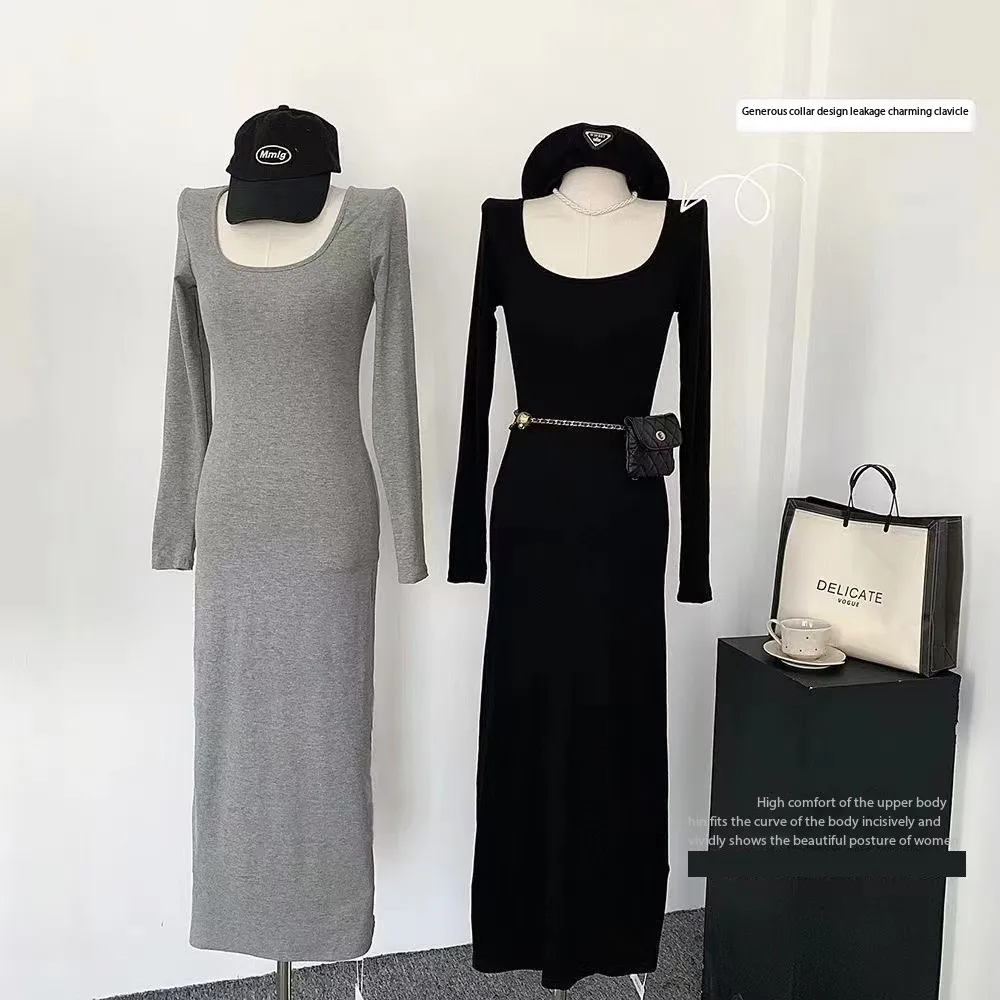 

2023 Autumn/Winter New Women's Clothing Sexy Pit Square Neck Long Sleeve Dresses Slim Fit Wrap Hip Tight Long Dress