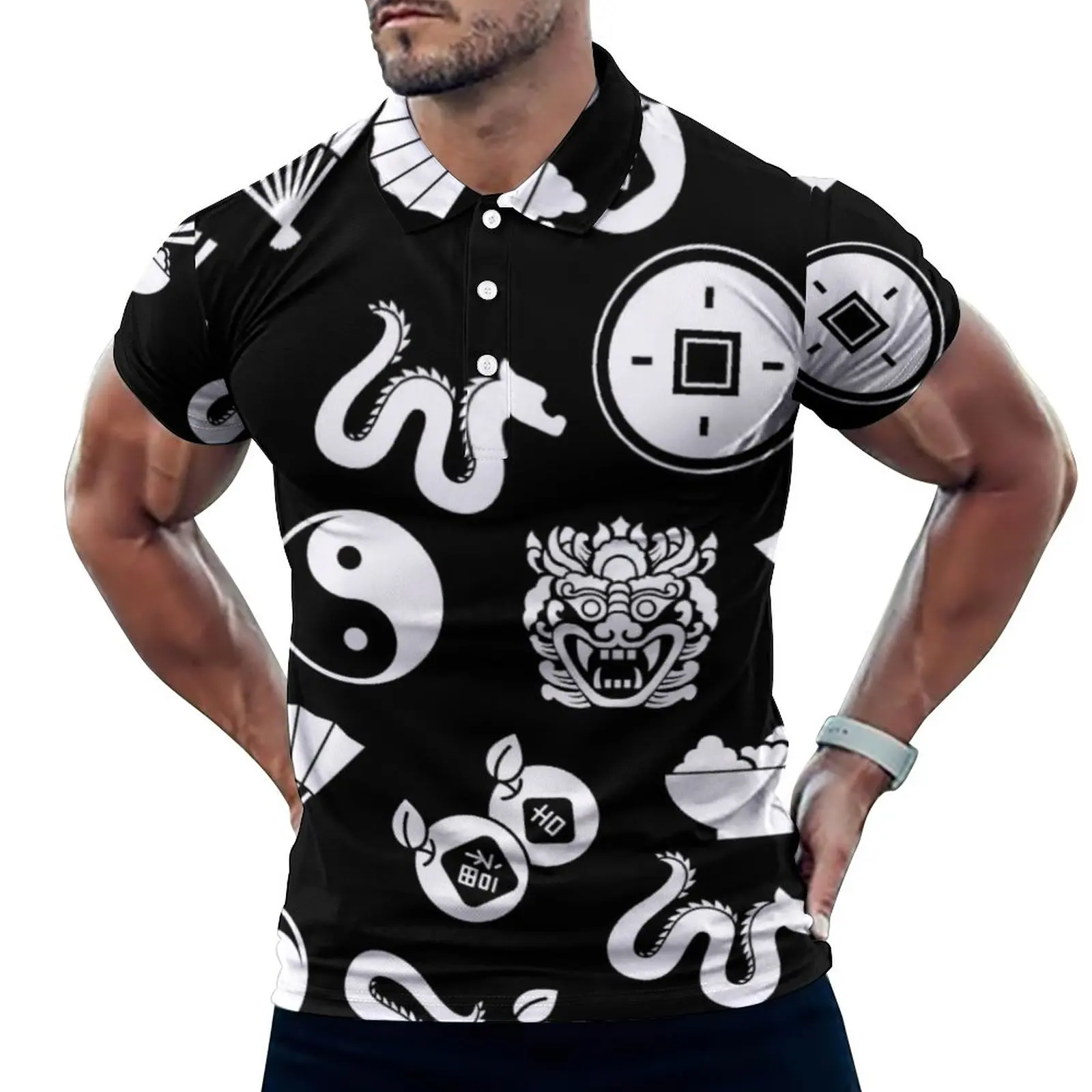 

Рубашка-поло мужская с принтом дракона, Повседневная пляжная блузка в японском стиле, необычная дизайнерская с коротким рукавом и воротник...