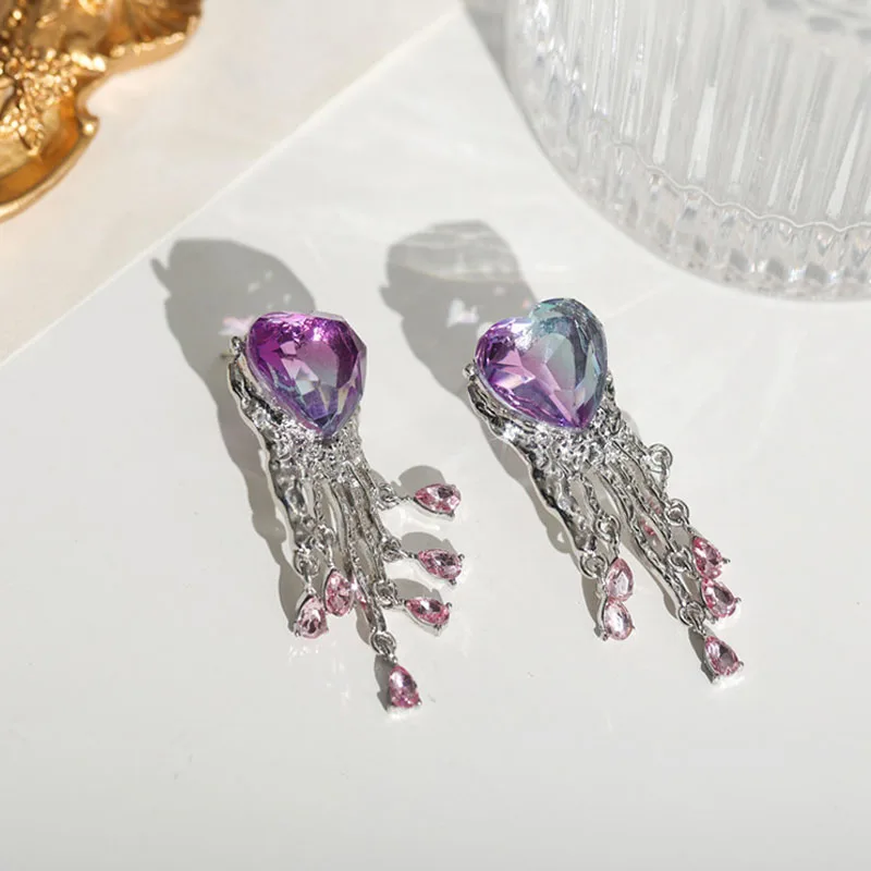 

MENGJIQIAO Korean Fashion Blue Purple Crystal Heart Drop Earrings For Women Trendy Irregular Metal Tassel Jewelry