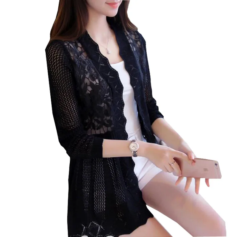 

Female Spring Autumn Lace Cutout Thin Sweater Cardigan Cape Outerwear Medium-Long Thin Jacket Elegant Lace Top Office Lady Slim