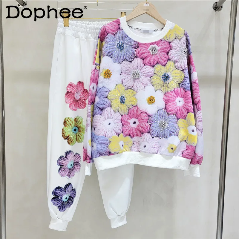 Hot Drilling 3D Flower Sweatshirt Coat Women Loose Fashion O-Neck Hoodie Top + Elastic High Waist Casual Pants Suit 2-Piece Set