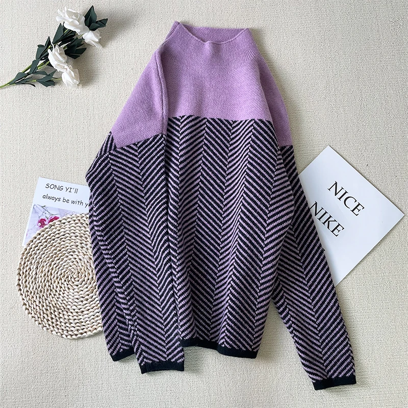 

EBAIHUI Mock Neck Sweater Women Autumn Winter Women's Jumper Striped Knitted Pullover Loose Elegant Minimalism Sweaters A0242