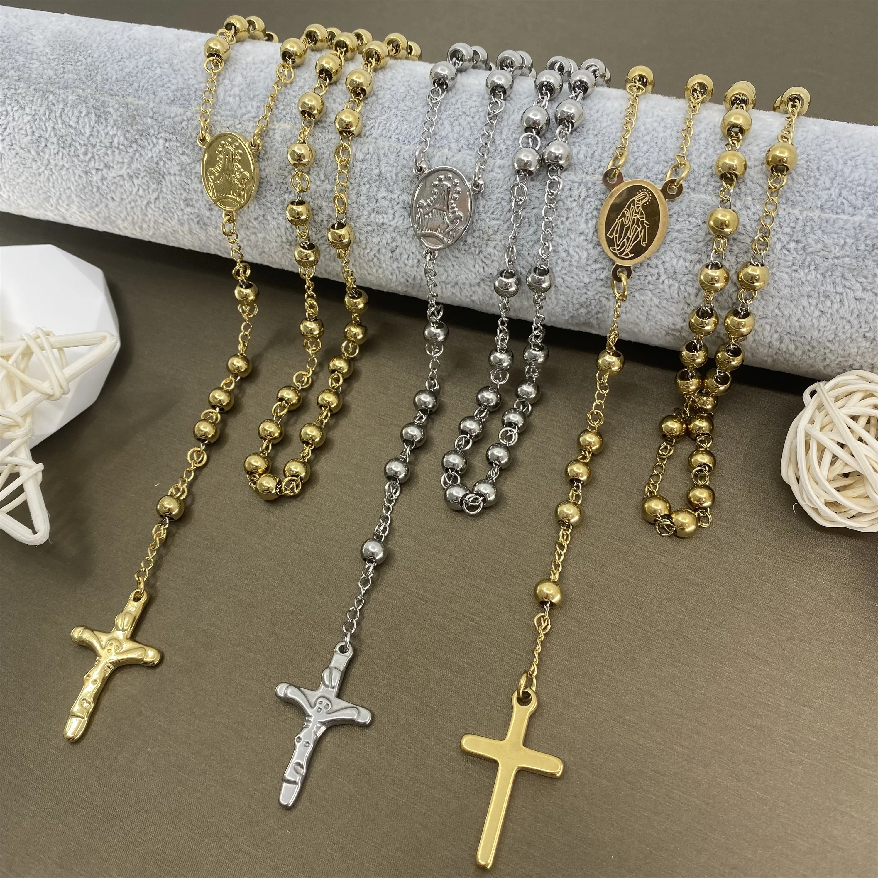 

6mm New Cross Rosary Necklace Classic Religious Chain Stainless Steel Jewelry Men and Women