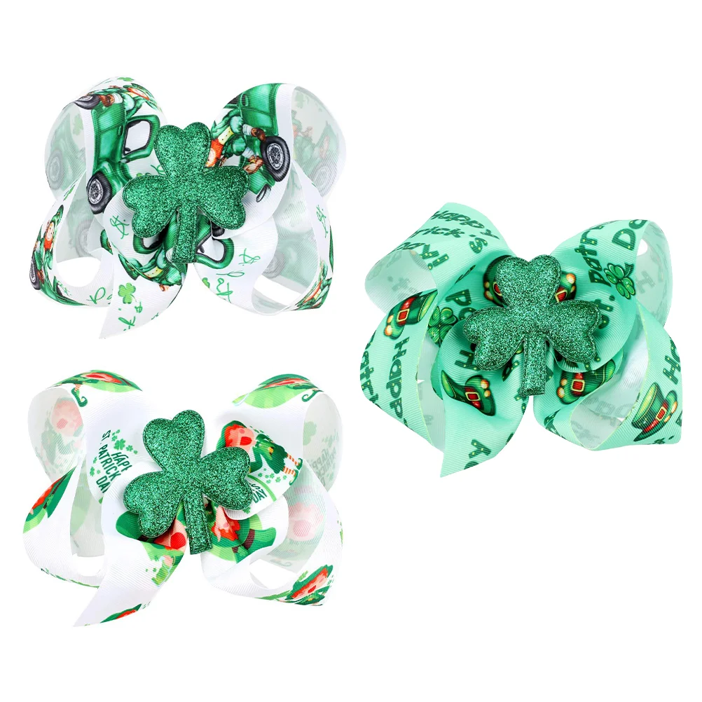 

3pcs Girls Hair Bows Hair Ribbon St Patrick's Day Green Bow Barrettes Hair