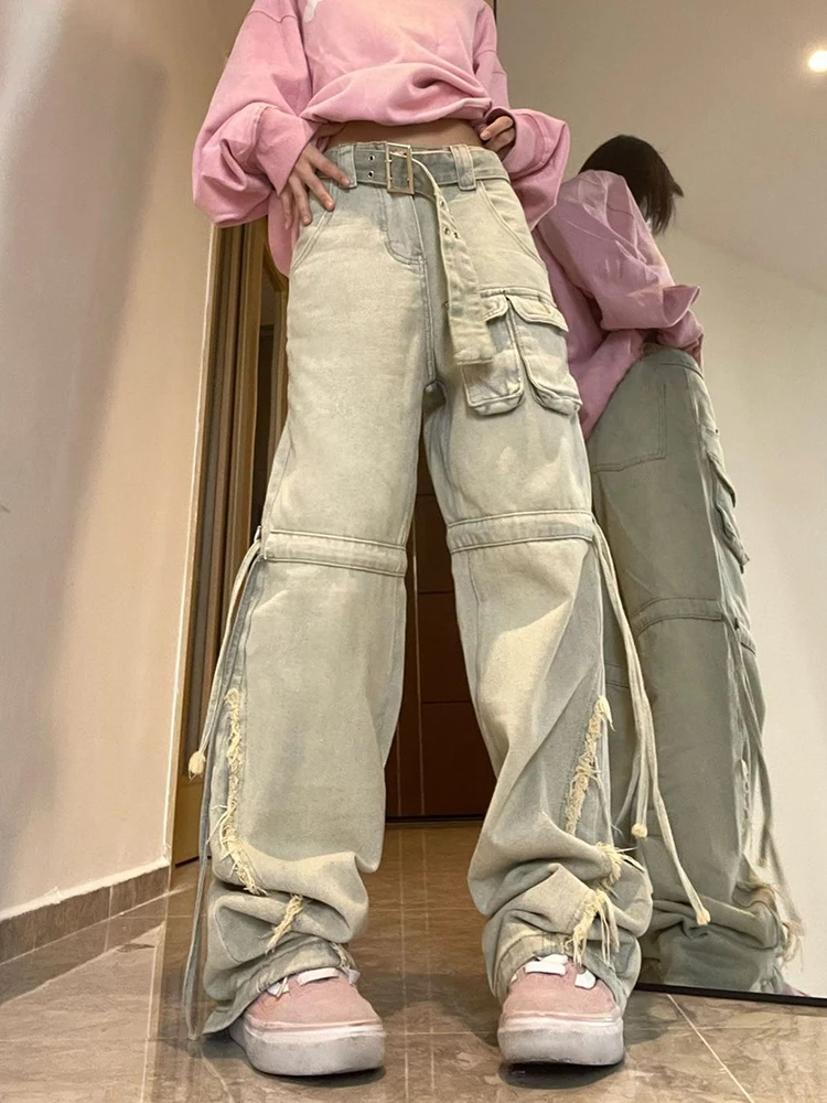

Брюки-карго с заниженной талией, женские модные мешковатые джинсовые брюки с завязками в винтажном стиле Y2k, повседневные Прямые брюки 2022