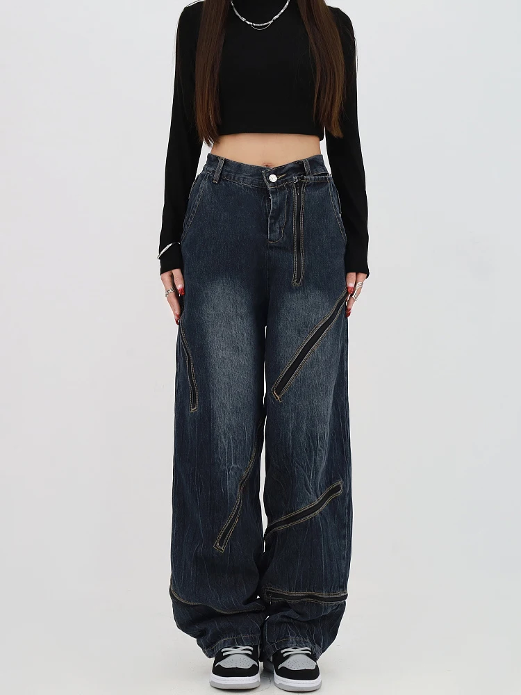 

American Style Vintage Women High Waist Cargo Jean Trousers Zipper Straight Baggy Wide Leg Female Denim Pants Ins Streetwear