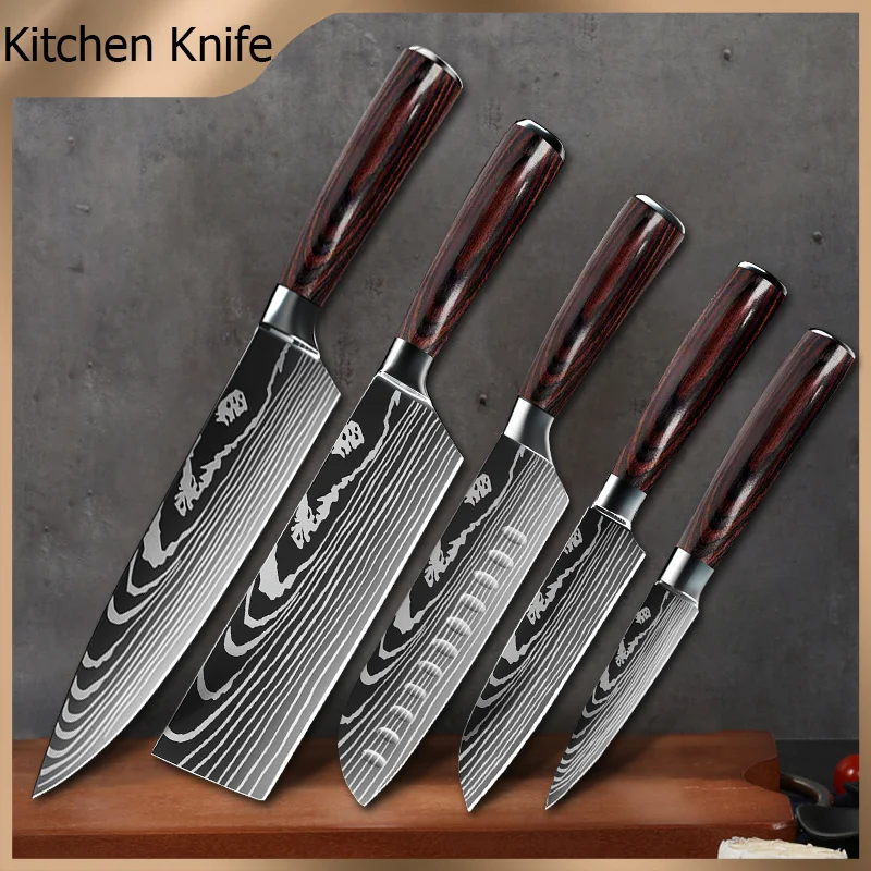 

1-10PCS Kitchen Knives Sets Laser Damascus Pattern Stainless Steel Chef Knife Sharp Santoku Cleaver Slicing Utility Knife Tools