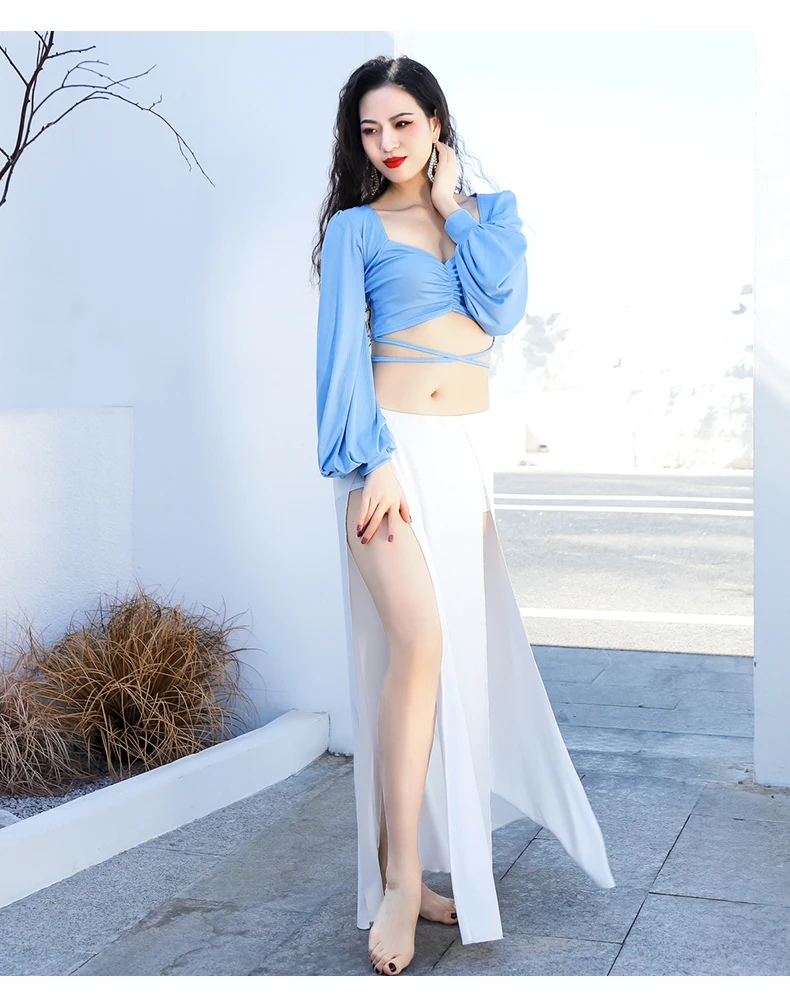 Женский костюм для танца живота Топ с длинным рукавом и юбка разрезом