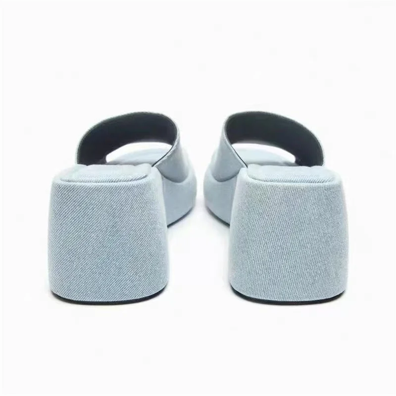 2023 Summer New Style Thick-soled Blue Denim Wedge Sandals Women Increase Height One Word Sandals Lazy Outerwear Women Slippers