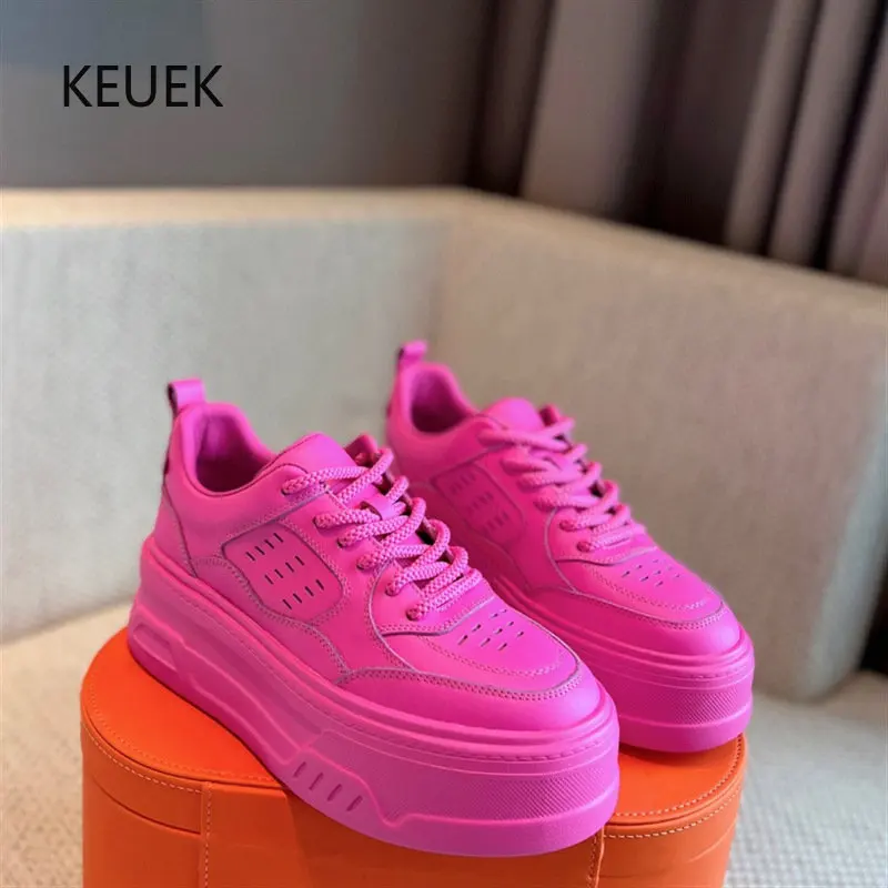 

New Design Women Casual Platform Shoes Thick-soled Heightening Flats Sneakers Genuine Leather Luxury Sports Skateboard Shoes 6C