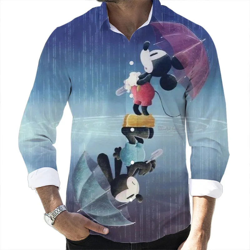 

Осень 2022, Лидер продаж, повседневная мужская рубашка с длинным рукавом и отложным воротником с 3D-принтом Диснея, приталенный фирменный мужской топ с Микки и Минни