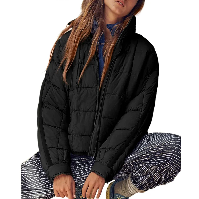Autumn Winter Parkas Jacket Women's Solid Cardigan Pocket Warm Coat Women's Casual Long Sleeve Zipped Stand Collar Loose Parkas