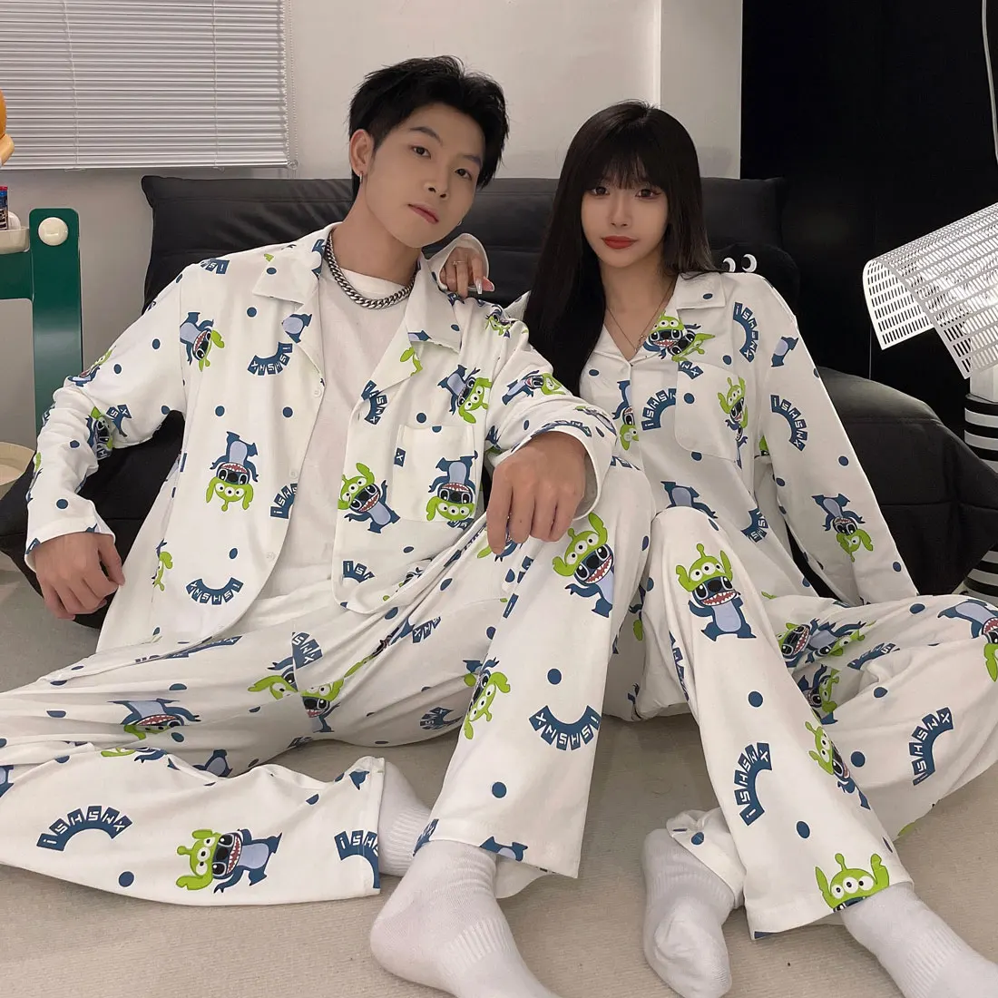 Disney Stitch Sleepwear Cartoon Cotton Pajamas Set for Women Men Couples Long Pants Loungewear Fashion Home Clothing Homewear