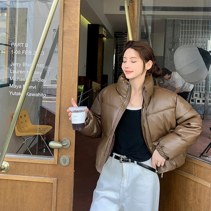 Y2K уличная одежда короткие парки из искусственной кожи женские зимние толстые