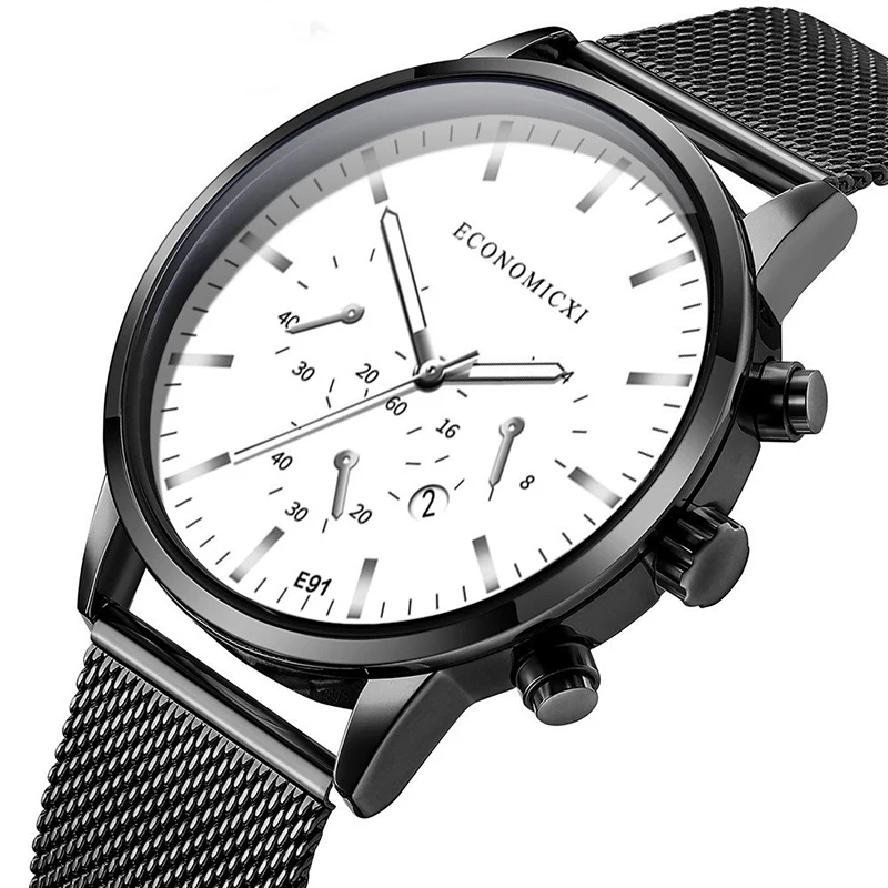 New Luxury Men Watch Fashion Ultra-thin Calendar Quartz Watches Stainless Steel Mesh Band Watches Th