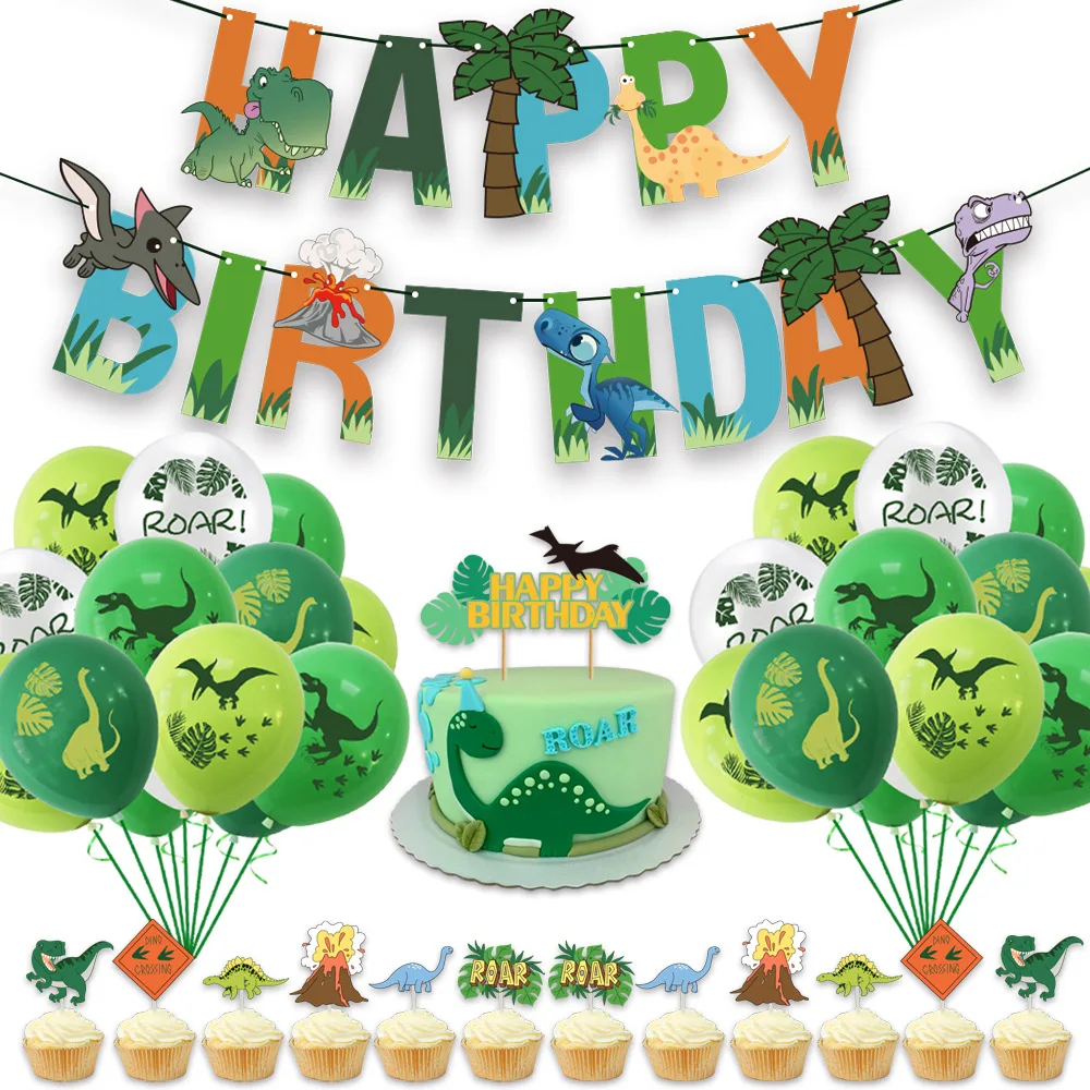 

Dinosaur Themed Party Supplies Green Dinosaur Latex Balloon Paper Banner Cake Toppers for Boys 1st 2nd 3rd Birthday Decoration