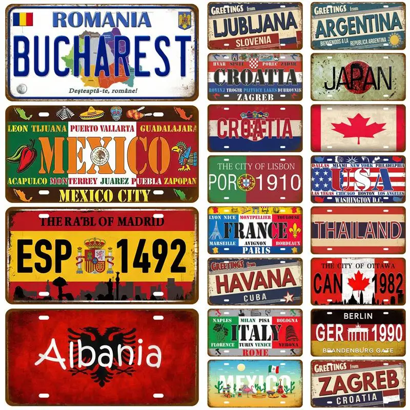 

France Tin Sign Plaque Russia Spain Metal Sign Germany USA Country Flag License Plate For Wall Home Restaurant Craft Bar Decor