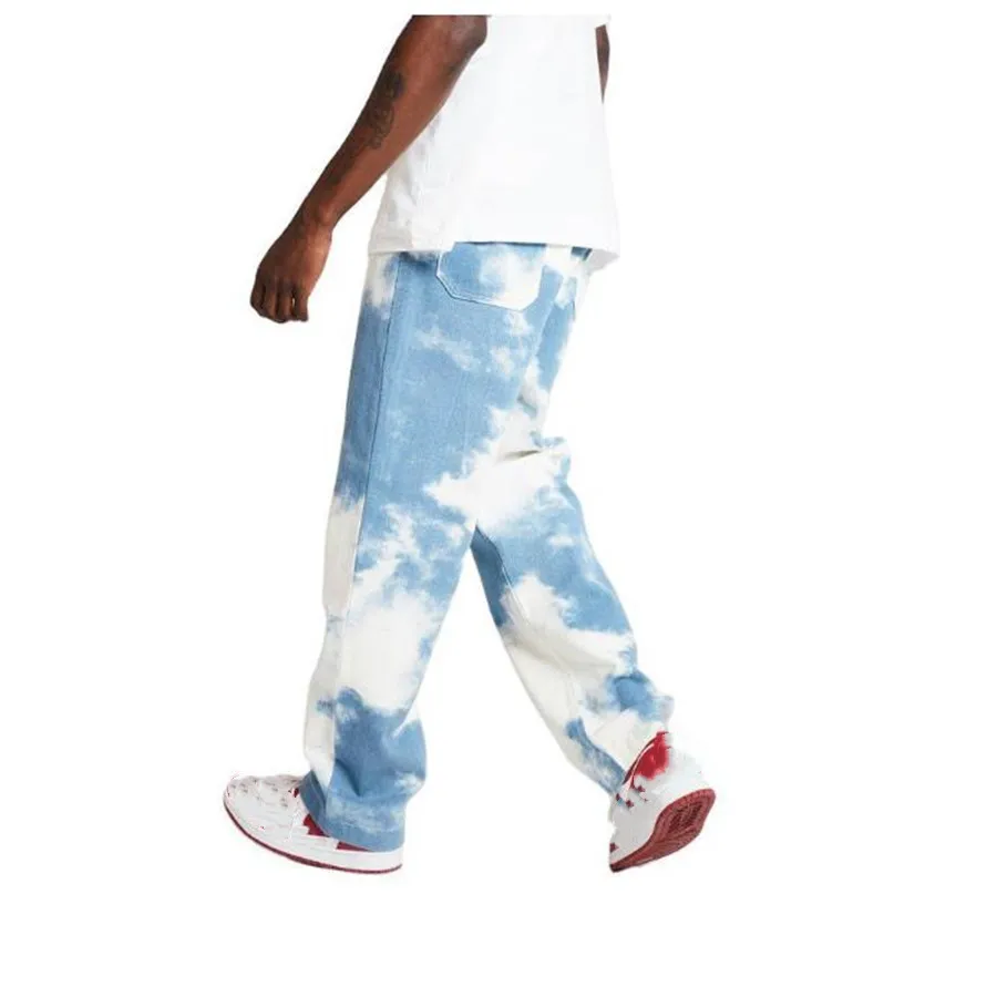 Men Straight Casual Print Jeans Streetwear Hip Hop Loose Baggy Denim Pants Male Blue wide leg Trousers