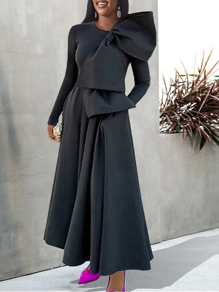 

Elegant Dresses for Women Black with Bow Long Sleeve Large Swing Evening Slim Long Dresses Solid A-Line Casual Maxi Robe