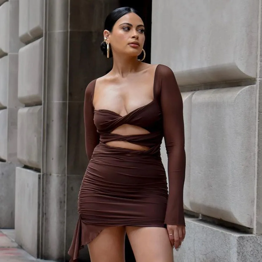 Europe And America Hollow Out Skirt New Fashion Sexy Perspective Long Sleeve Short Dress