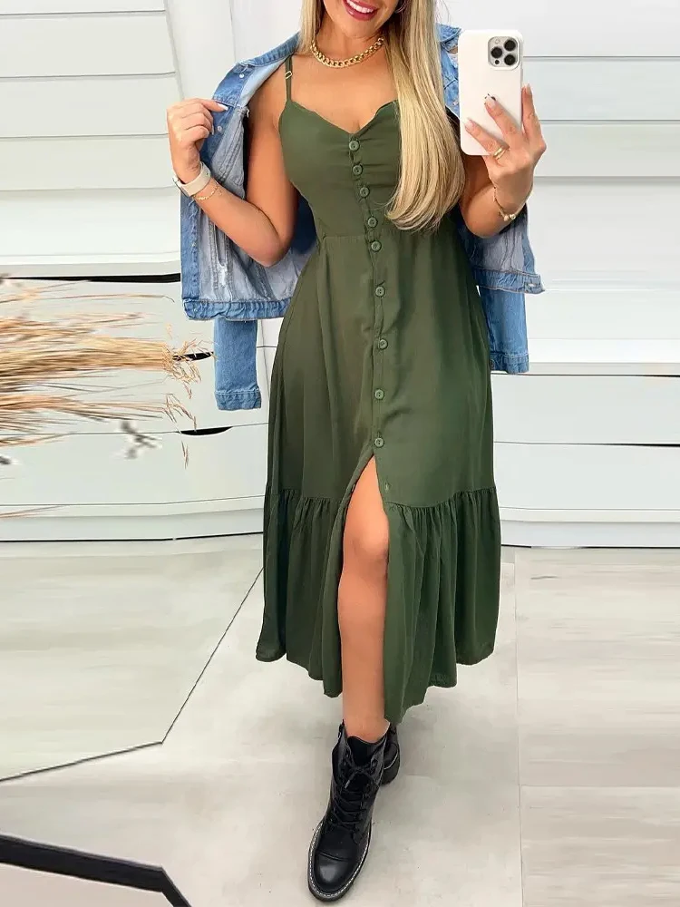 

Женский летний сарафан Shein Romwe 2022, Повседневное платье с пуговицами спереди и оборками на подоле, платья для женщин, Повседневное платье макс...