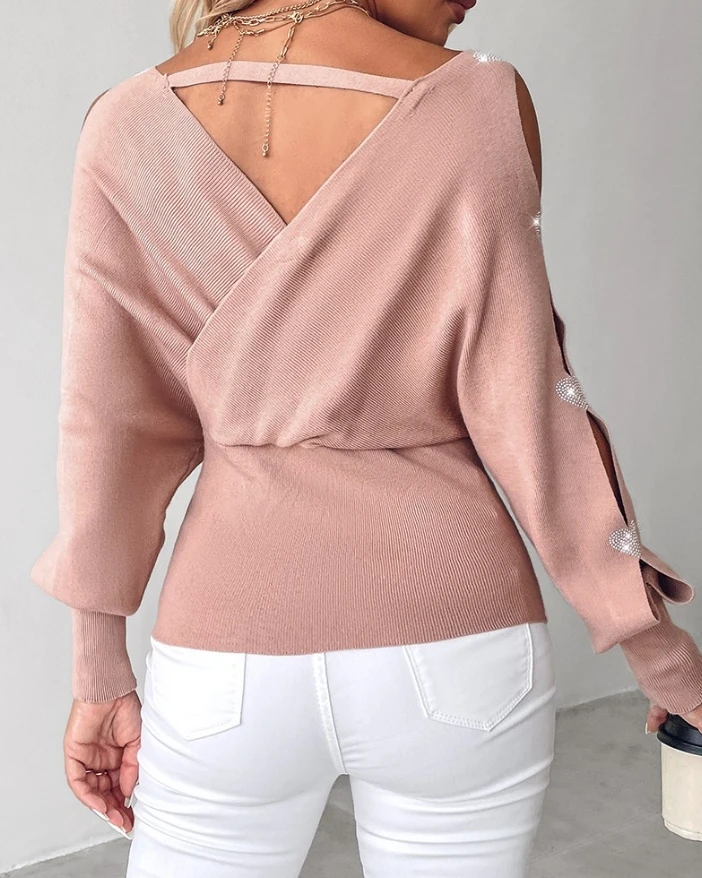 Женский трикотажный свитер с V-образным вырезом и рукавами летучая мышь