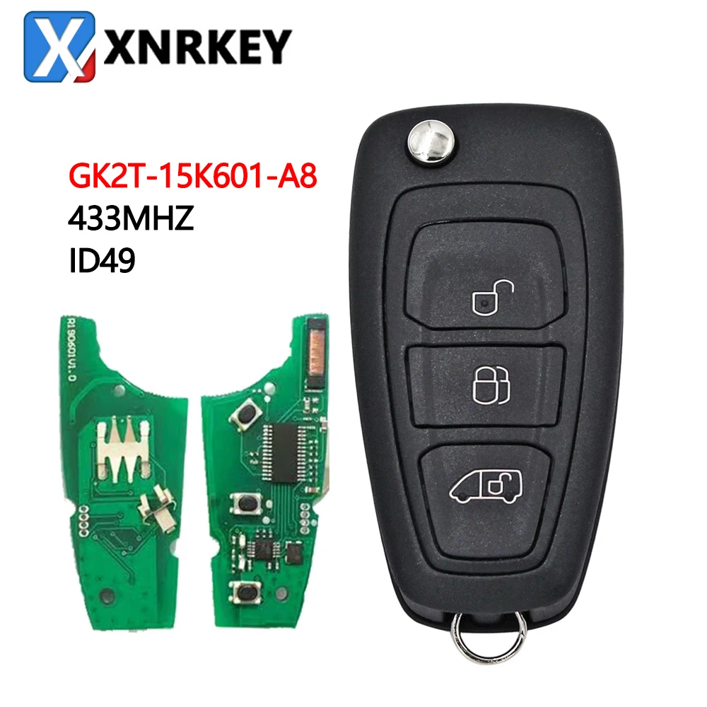

XNRKEY 3 Button Flip Remote Key ID49 Chip 433Mhz FCC GK2T-15K601-AB with HU101 Blade for Ford Transit