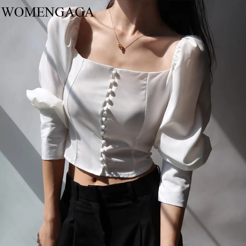 

TVVOVVIN, французская однобортная короткая рубашка с квадратным воротником и длинными рукавами, осенняя блузка с пышными рукавами для женщин ...