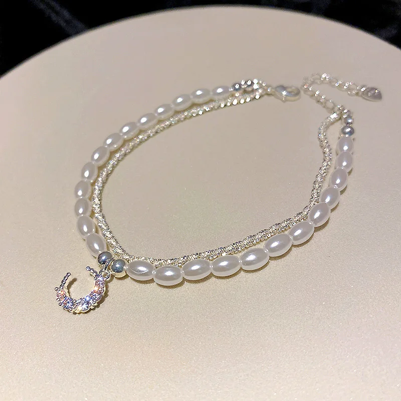 Shiny Silver Moon Zircon Bracelets for Women Natural Freshwater Pearl Bracelet 2 Layers Korea Wedding Luxury Bangle Jewelry Gift |