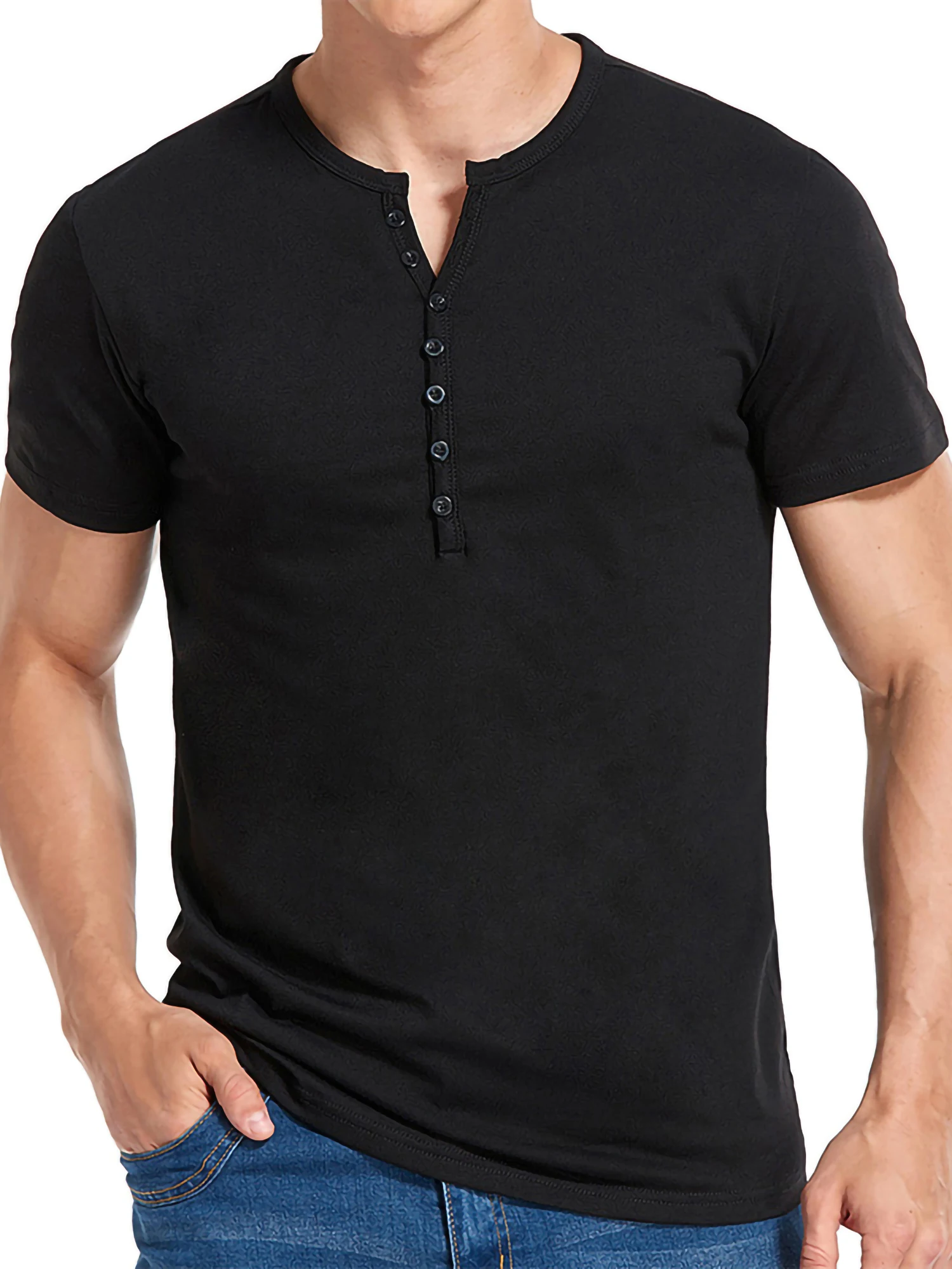 

Men Short Sleeve T-shirt Summer Autumn Male Leisure Style Solid Color Front Button Round Collar Slim Tops